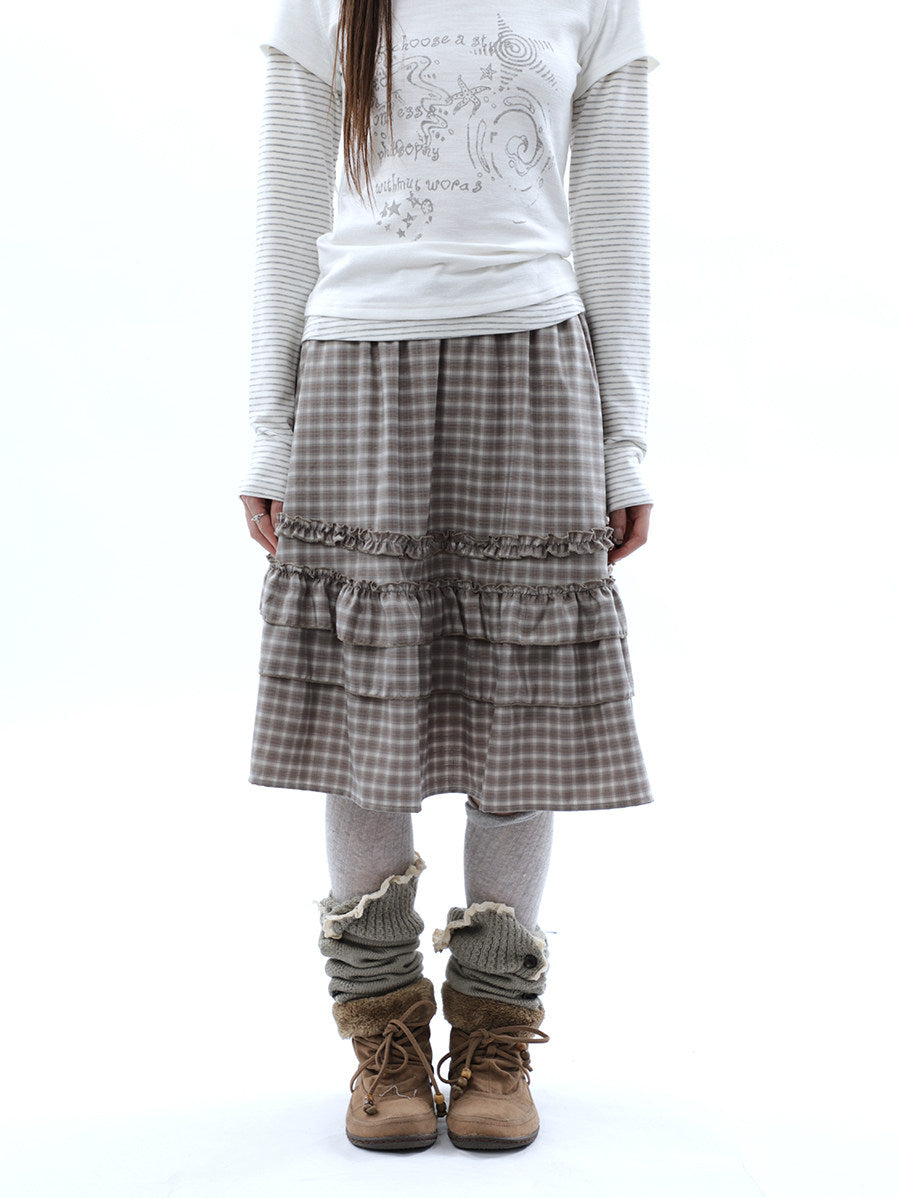 Plaid Ruffle-Tiered Midi Skirt