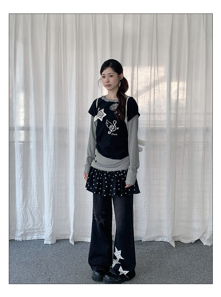 Star Appliqué Washed Wide-Leg Jeans