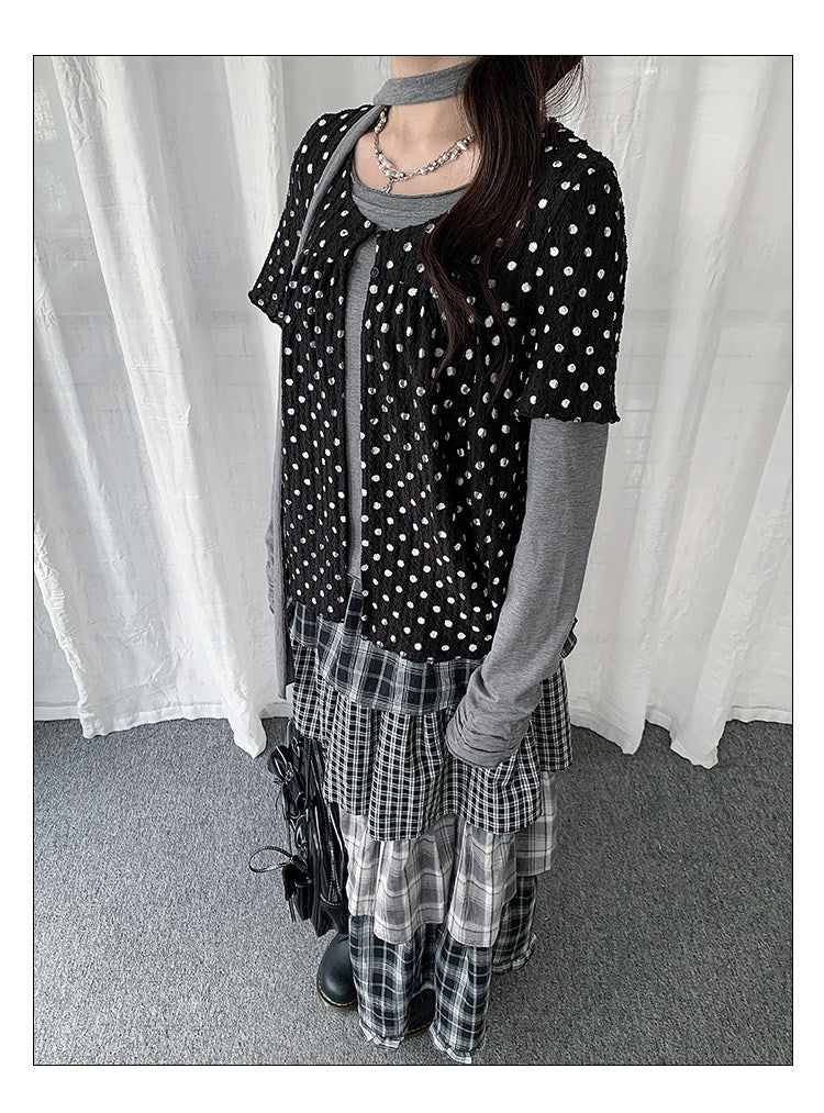 Polka Dot Layered Scarf Long Sleeve Top