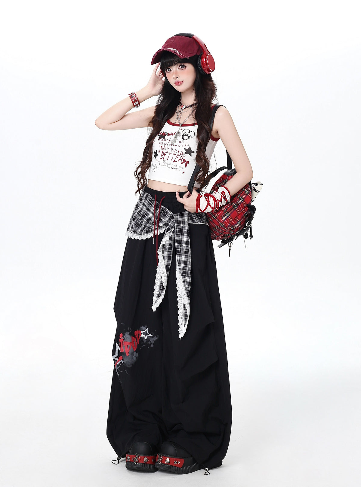 Plaid Scarf Layered Wide-Leg Cargo Pants
