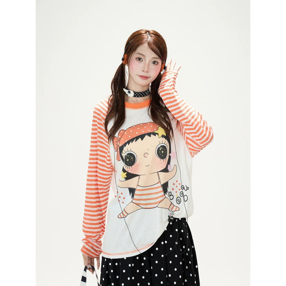 Cartoon Girl Stripe Raglan Long Sleeve Top & Black Polka-Dot Ruffle Skirt