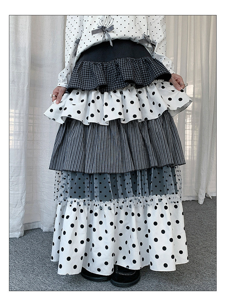 Mixed Polka Dot Plaid Tiered Maxi Skirt