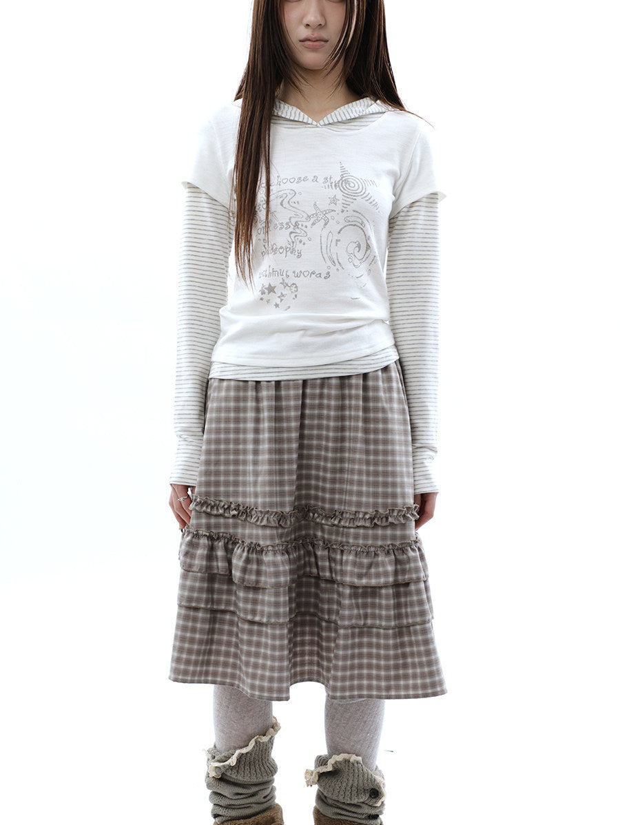 Plaid Ruffle-Tiered Midi Skirt