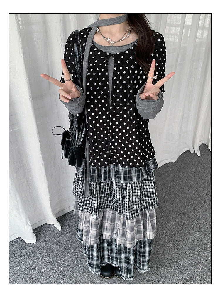 Polka Dot Layered Scarf Long Sleeve Top