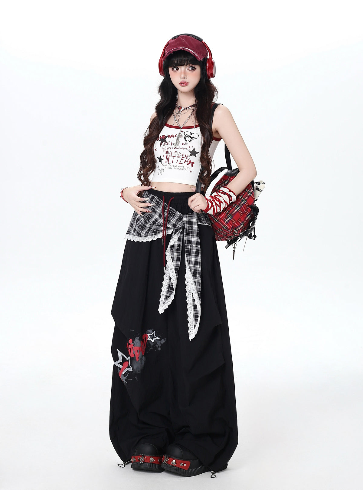 Plaid Scarf Layered Wide-Leg Cargo Pants