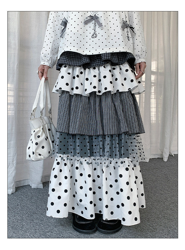 Mixed Polka Dot Plaid Tiered Maxi Skirt