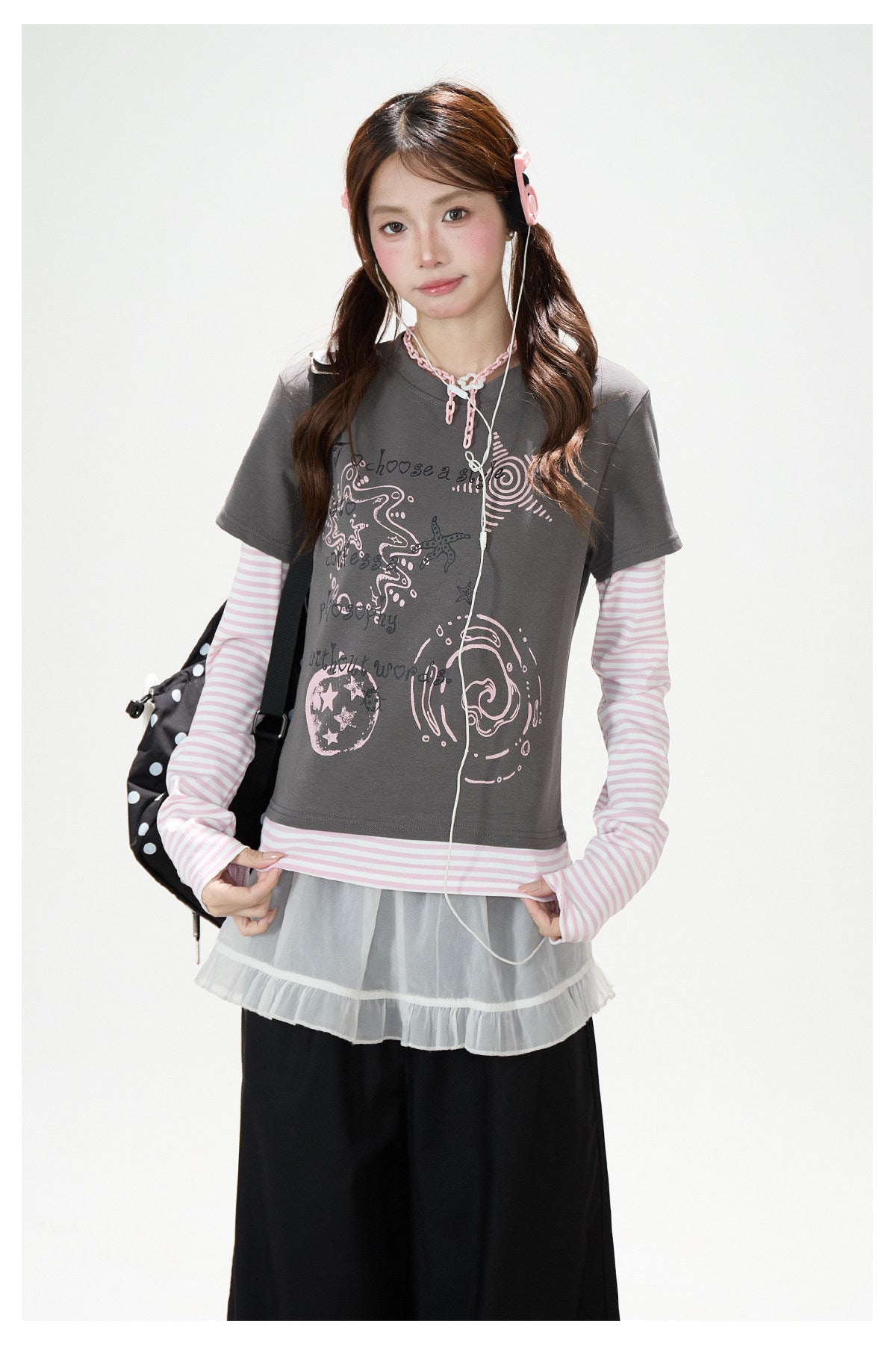 Graffiti Layered Long Sleeve Top & Black Wide-Leg Pants