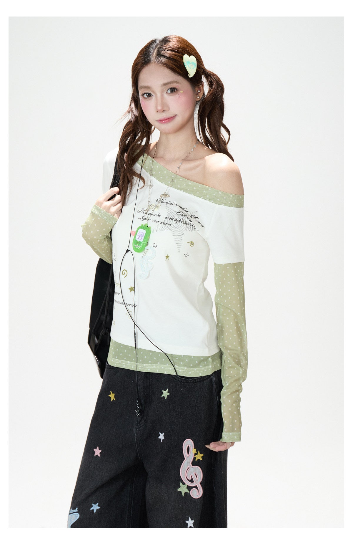 Star Melody Mesh-Layered Off-Shoulder Top & Embroidered Wide-Leg Jeans