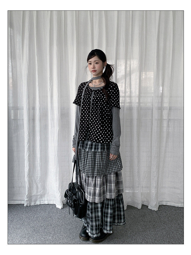 Polka Dot Layered Scarf Long Sleeve Top