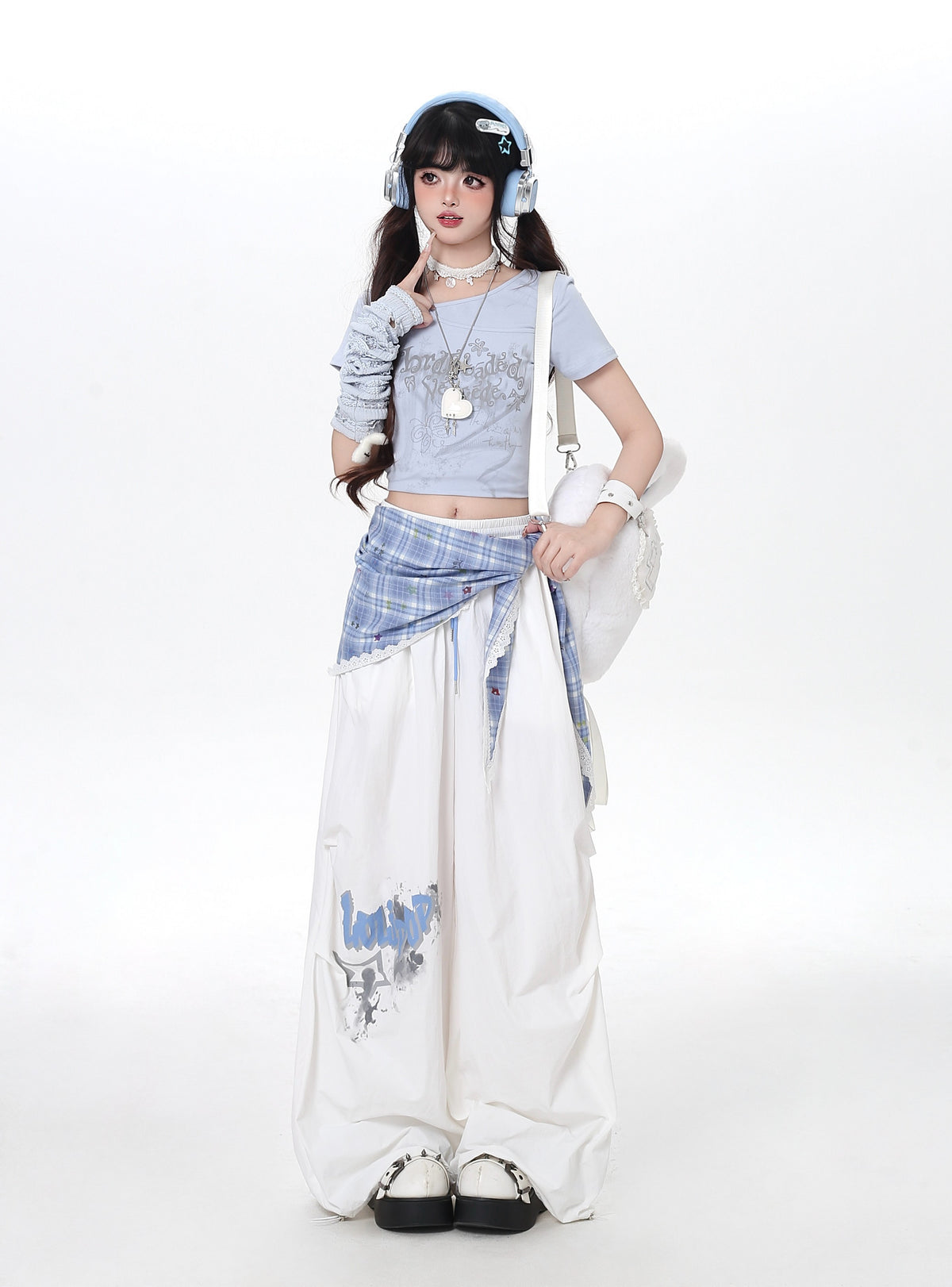 Plaid Scarf Layered Wide-Leg Cargo Pants