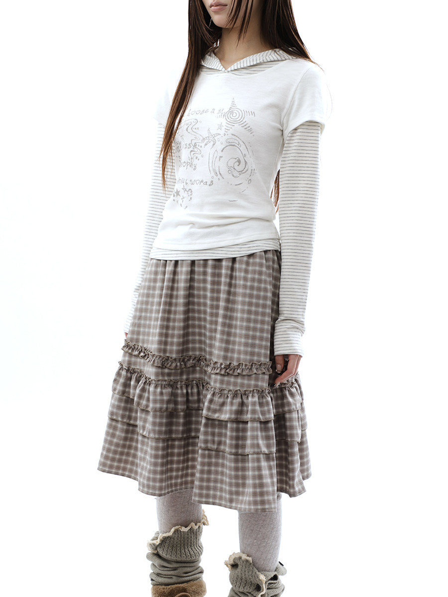 Plaid Ruffle-Tiered Midi Skirt