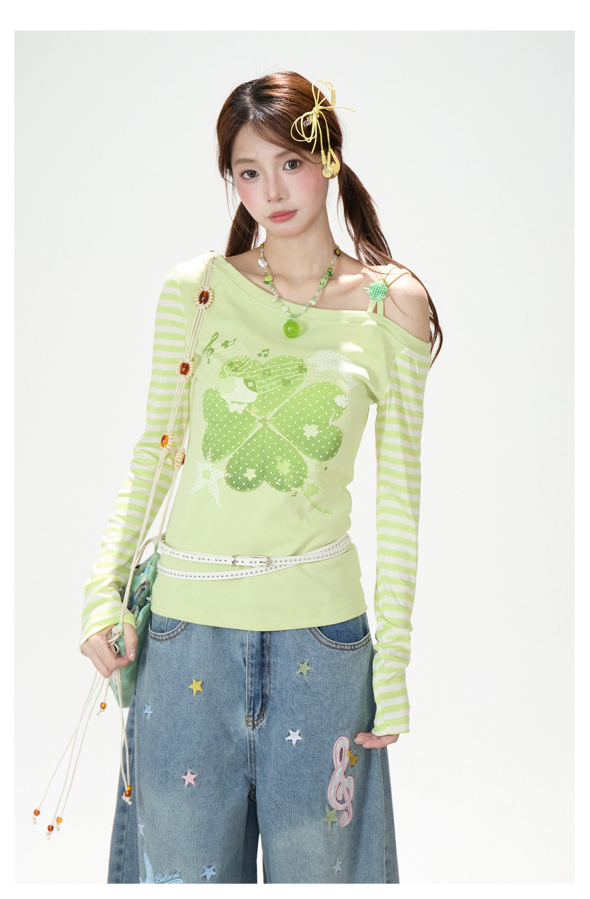 Clover Stripe Off-Shoulder Long Sleeve Top & Star Music Note Wide-Leg Jeans