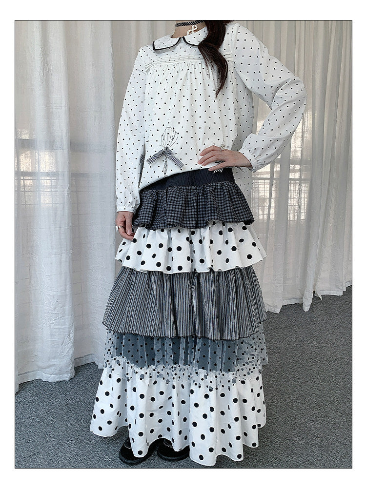Mixed Polka Dot Plaid Tiered Maxi Skirt