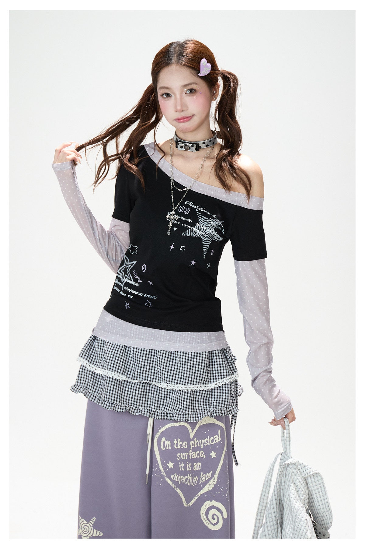 Star Melody Mesh-Layered Off-Shoulder Top & Embroidered Wide-Leg Jeans