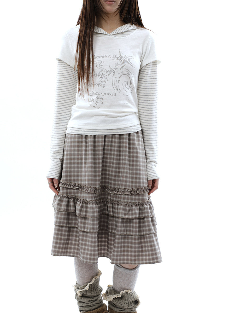 Plaid Ruffle-Tiered Midi Skirt