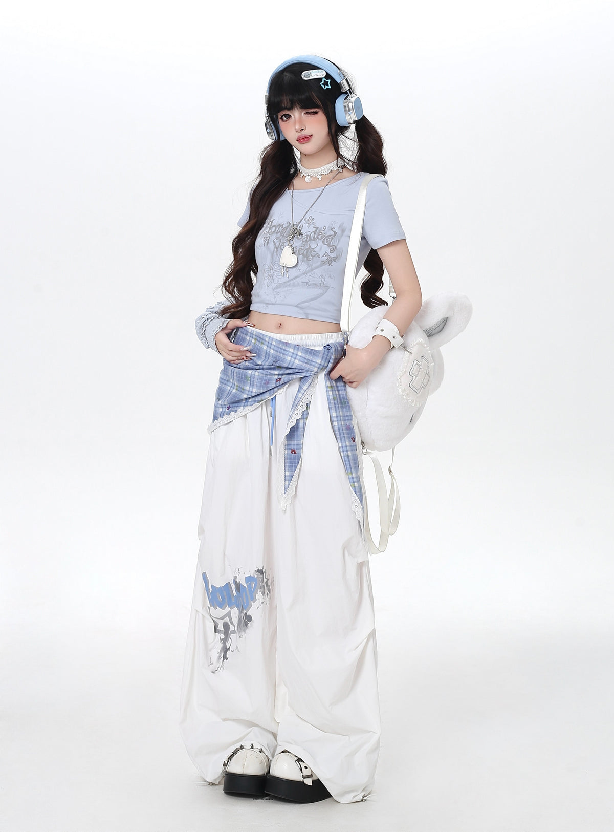 Plaid Scarf Layered Wide-Leg Cargo Pants