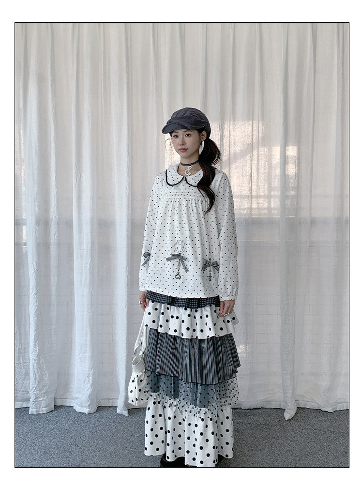 Mixed Polka Dot Plaid Tiered Maxi Skirt