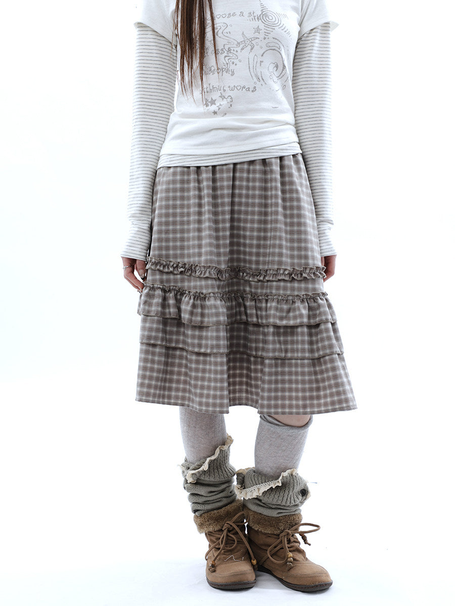 Plaid Ruffle-Tiered Midi Skirt