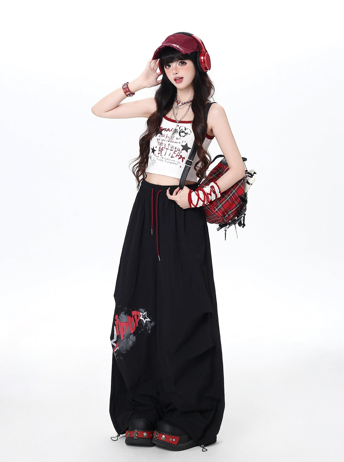 Plaid Scarf Layered Wide-Leg Cargo Pants