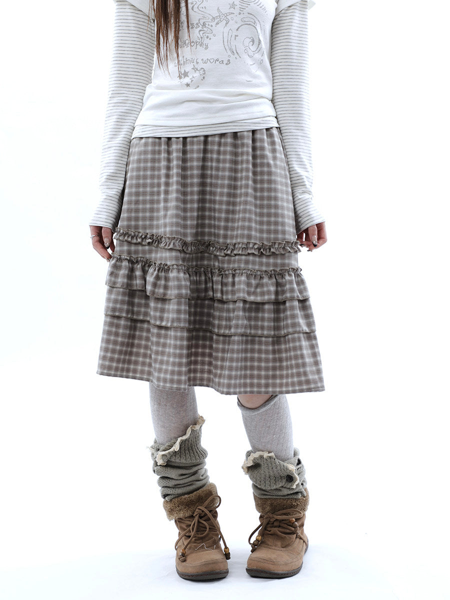 Plaid Ruffle-Tiered Midi Skirt