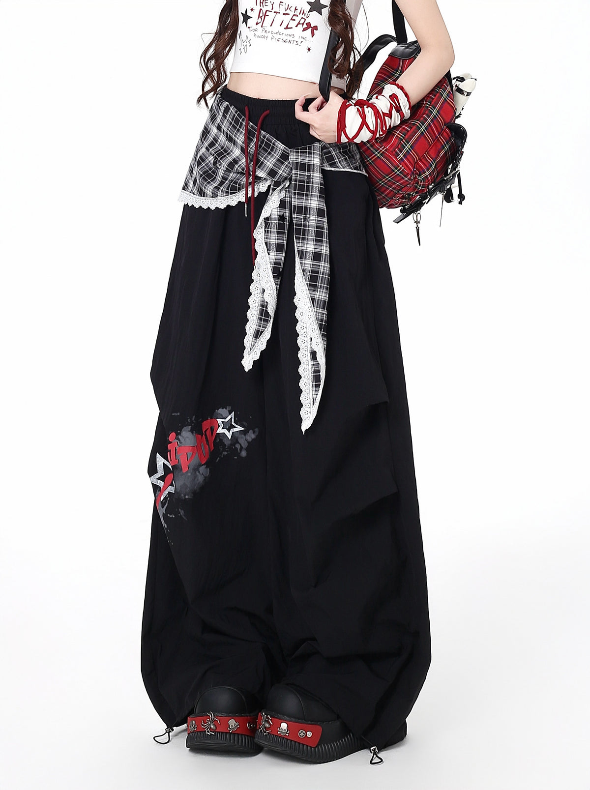 Plaid Scarf Layered Wide-Leg Cargo Pants