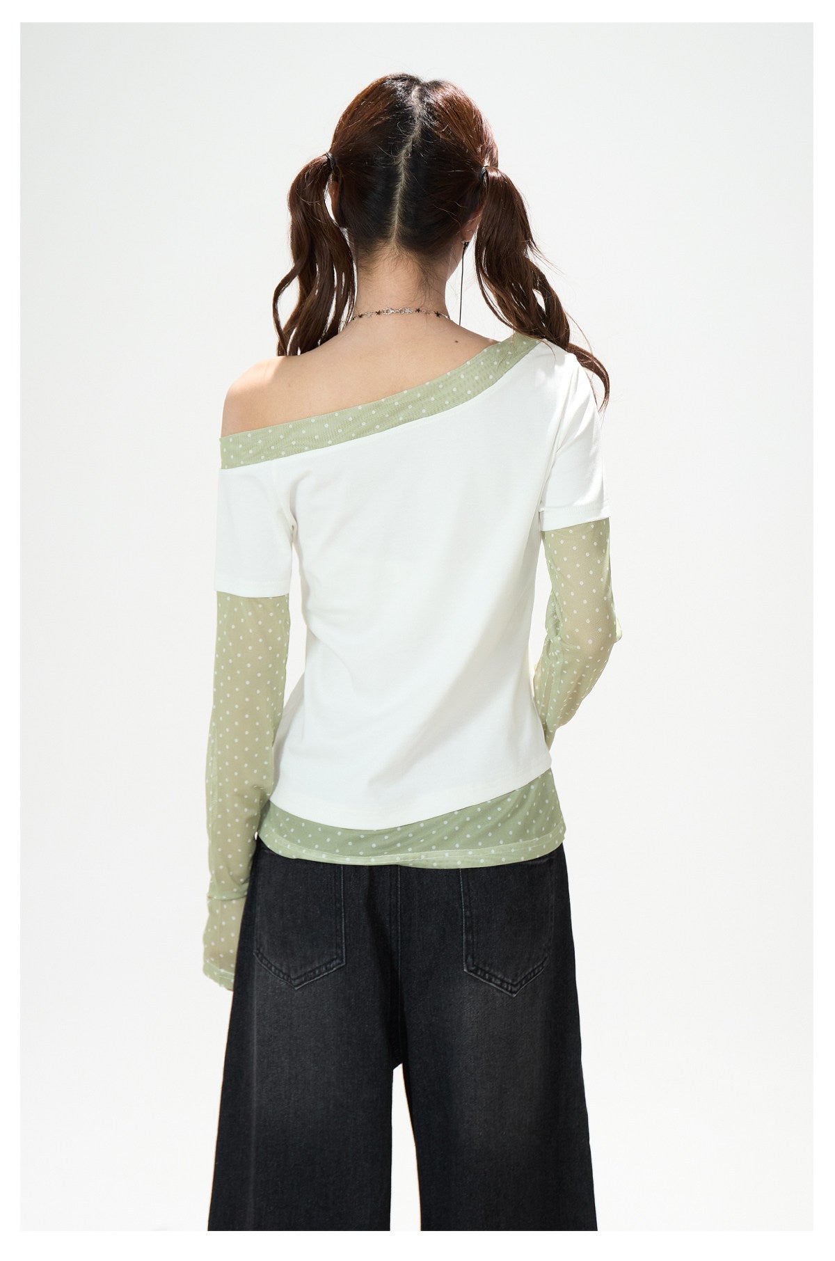 Star Melody Mesh-Layered Off-Shoulder Top & Embroidered Wide-Leg Jeans
