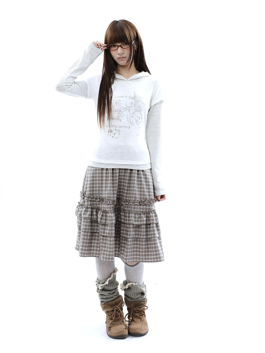 Plaid Ruffle-Tiered Midi Skirt