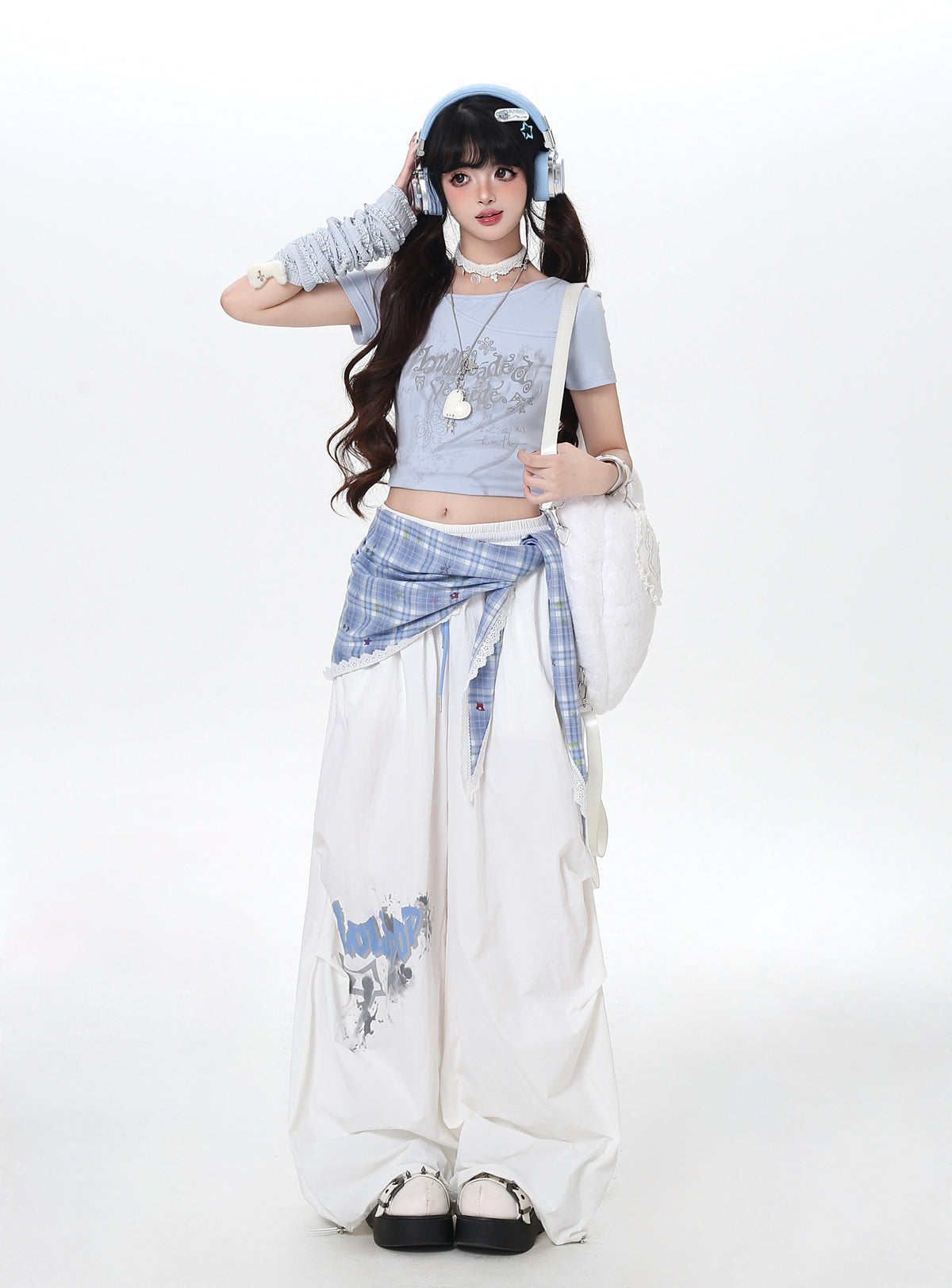 Plaid Scarf Layered Wide-Leg Cargo Pants