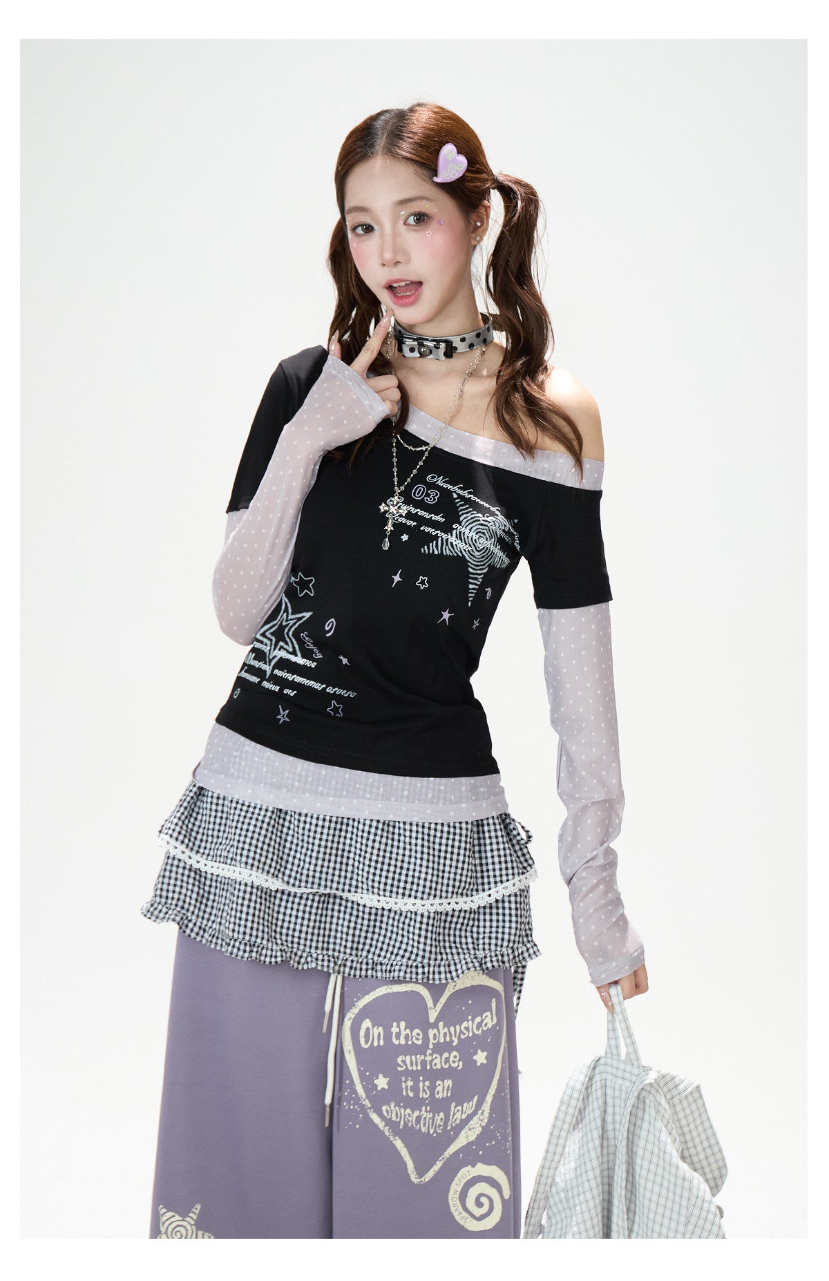 Star Melody Mesh-Layered Off-Shoulder Top & Embroidered Wide-Leg Jeans