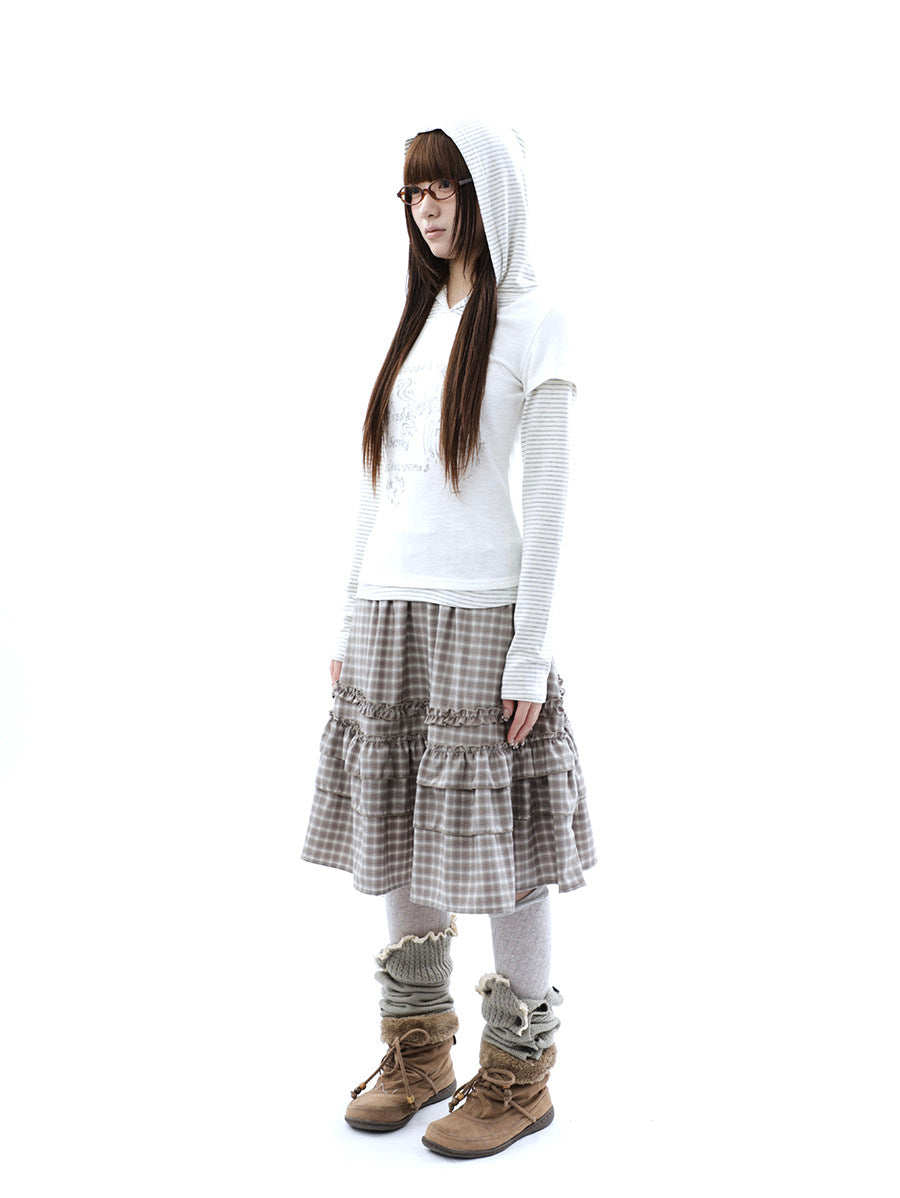 Plaid Ruffle-Tiered Midi Skirt