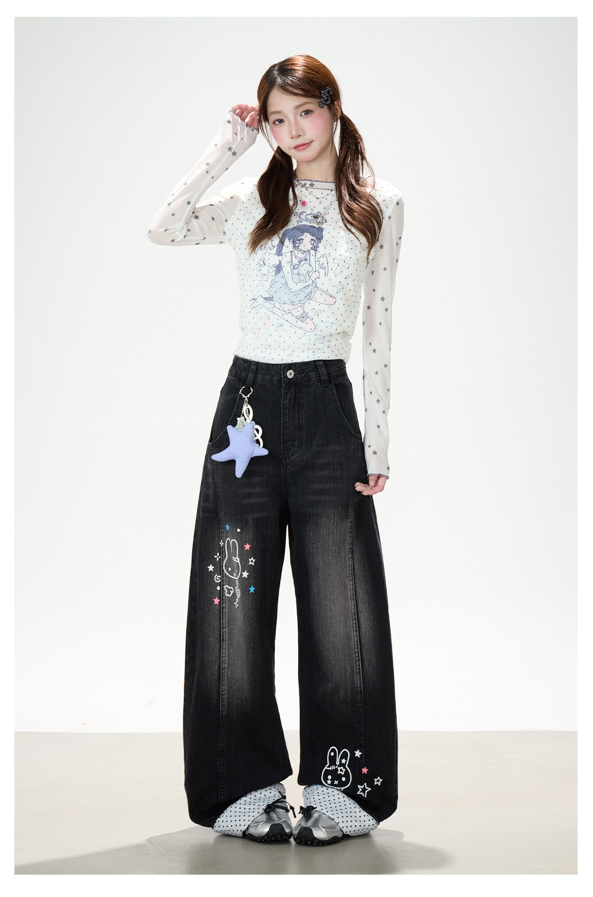 Anime Star Polka-Dot Mesh Long Sleeve Top & Bunny Graphic Wide-Leg Jeans