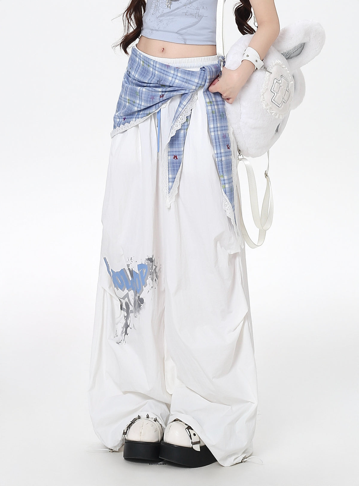 Plaid Scarf Layered Wide-Leg Cargo Pants