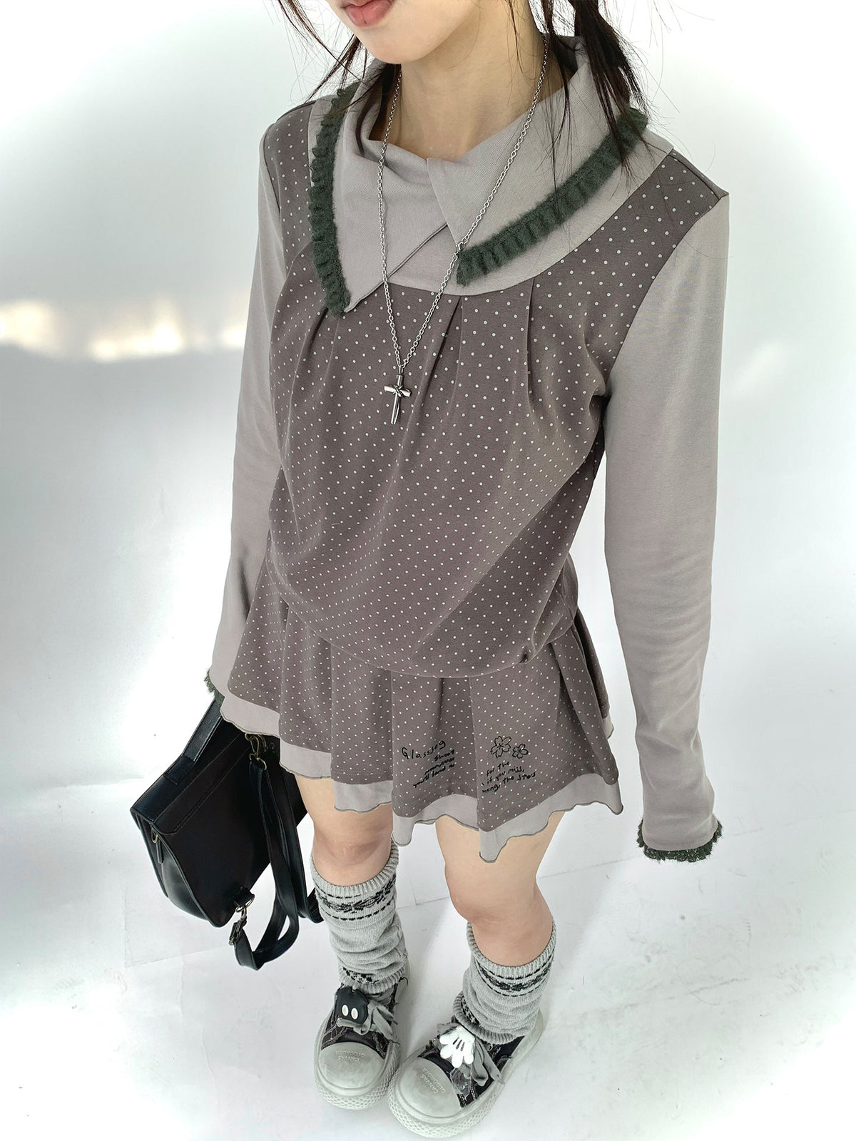 Gray Khaki Polka Dot Faux-Layer Pleated Mini Dress