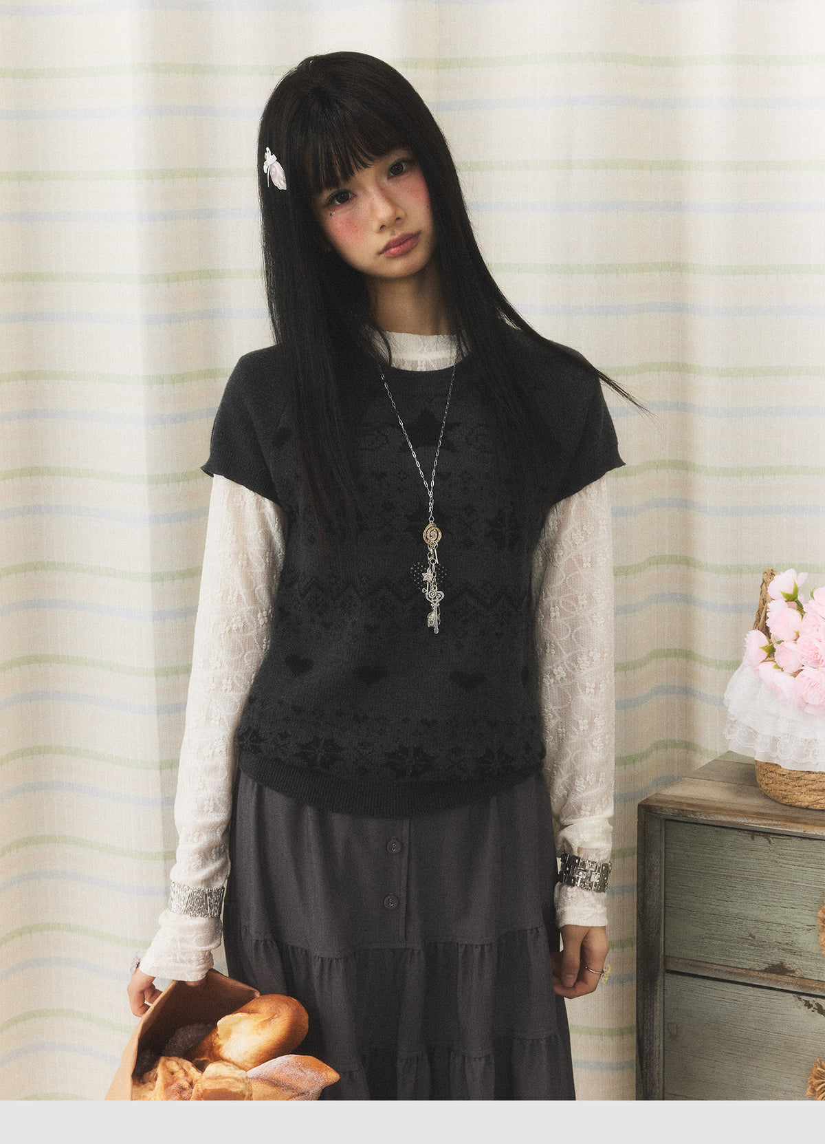 Floral Lace Long Sleeve & Jacquard Knit Short Sleeve Top