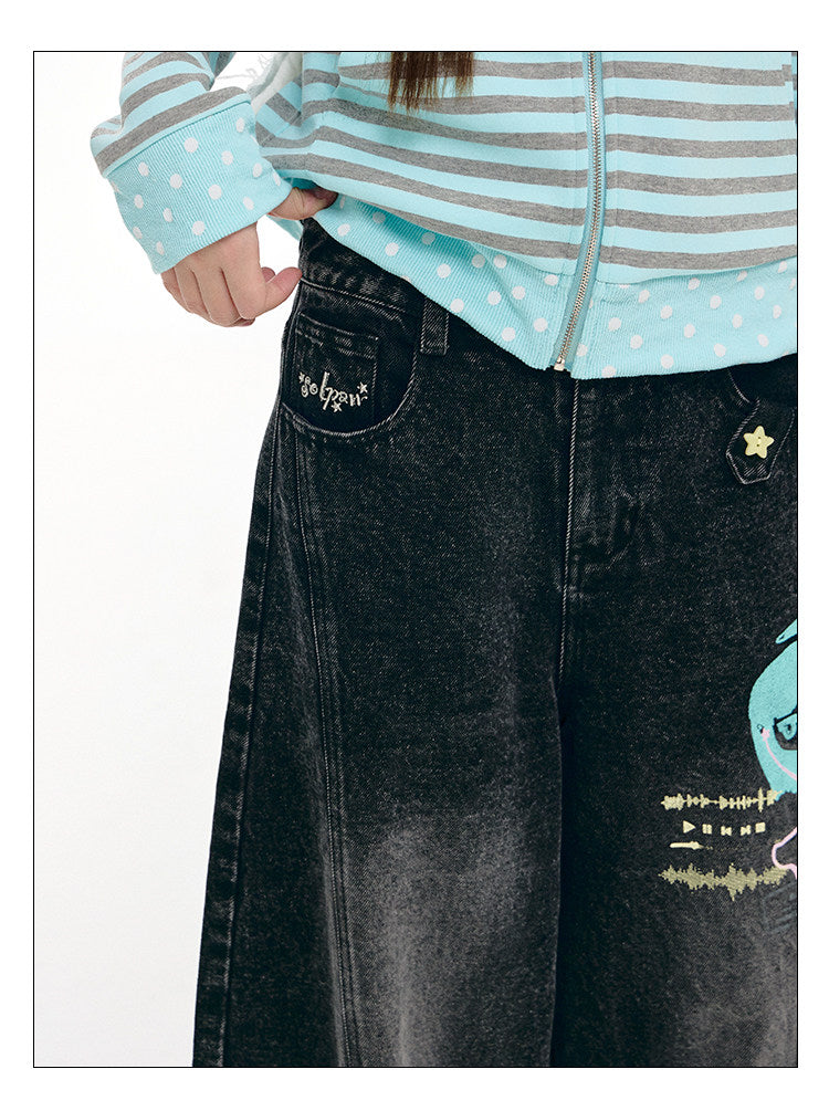 Washed Black Cartoon Music Note Barrel-Leg Jeans
