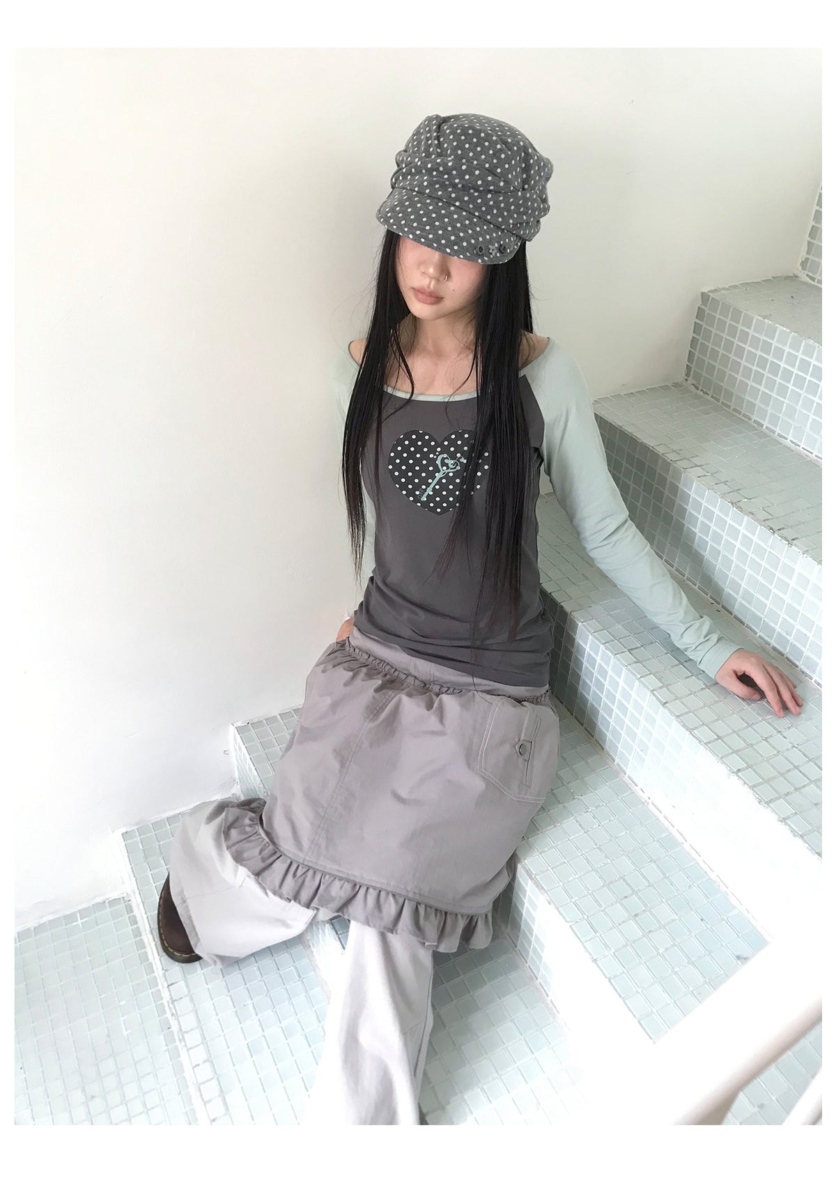 Polka Dot Heart Key Contrast Raglan Long Sleeve Tee