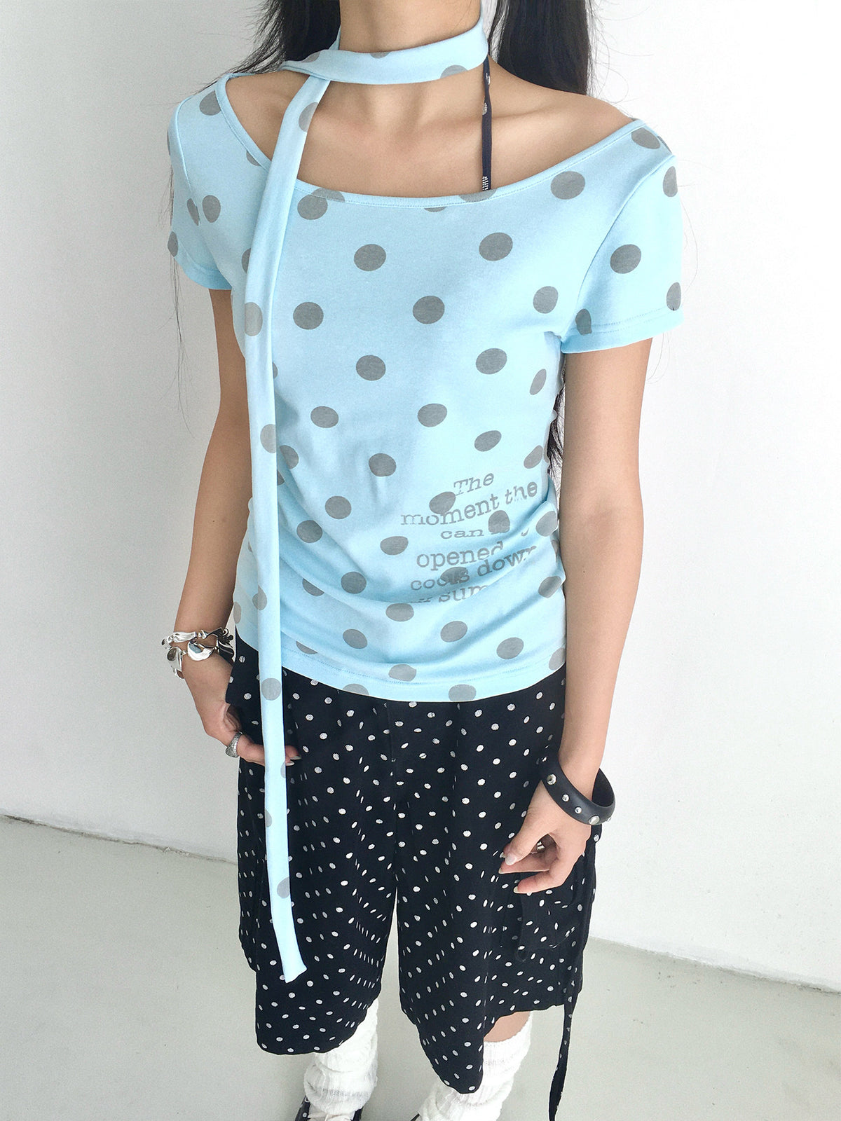 Polka Dot Scarf Short Sleeve Top