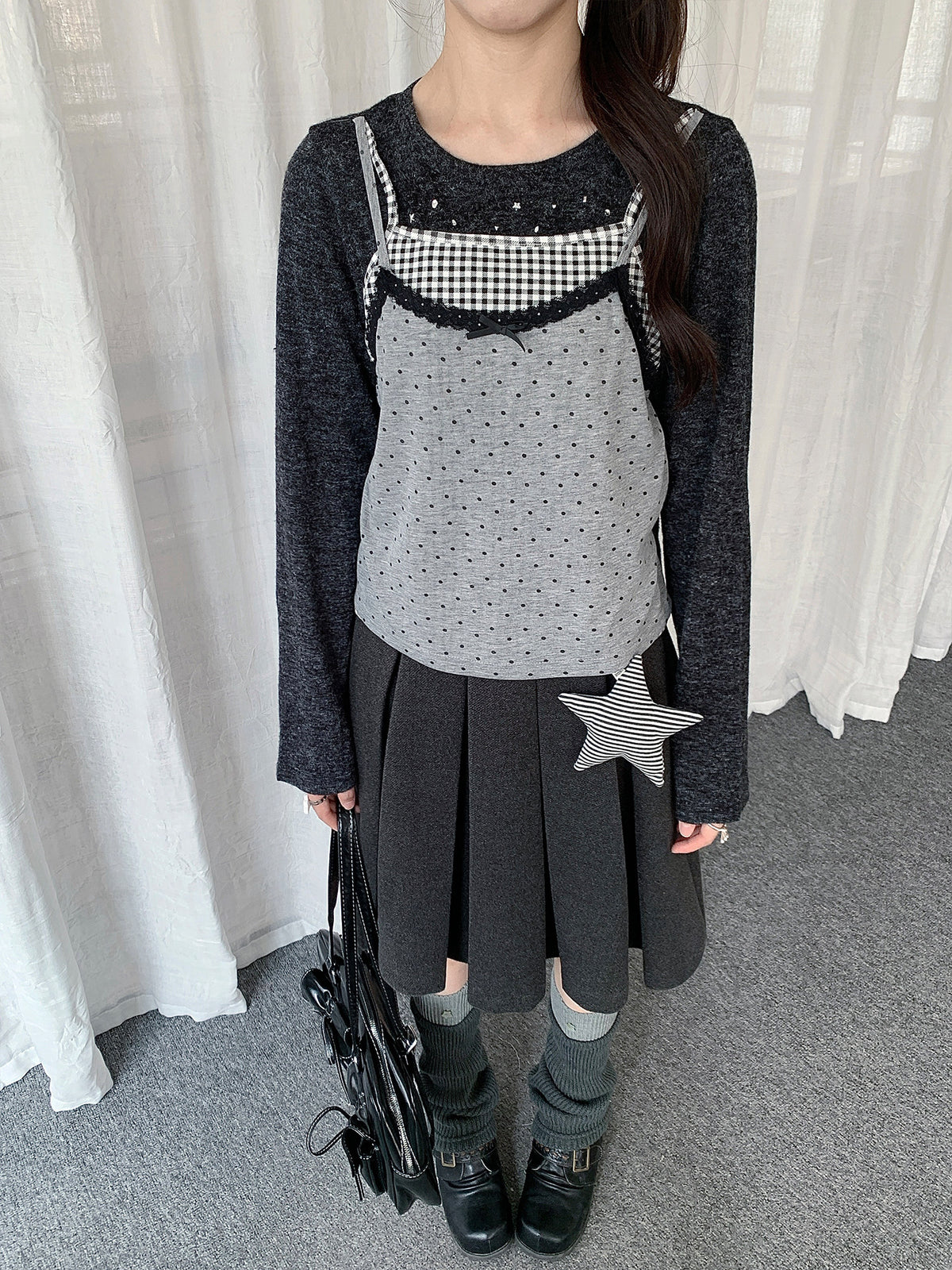 Black Gray Layered Gingham Cami Long Sleeve Top