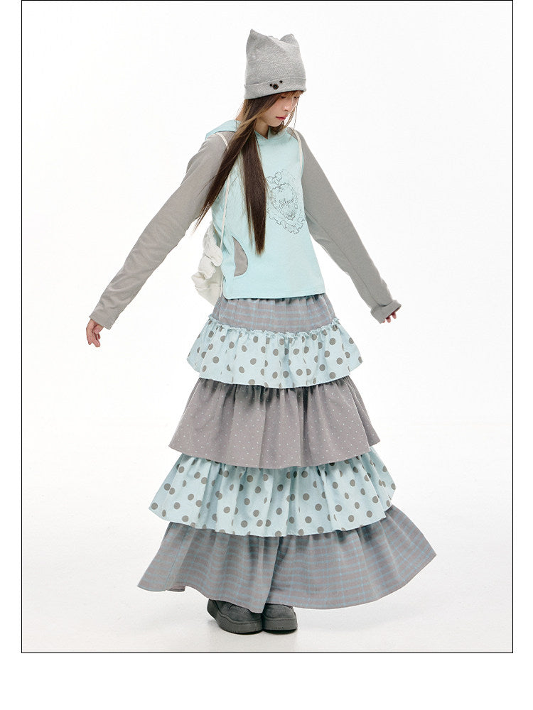 Gray-Blue Polka Dot Tiered Maxi Skirt