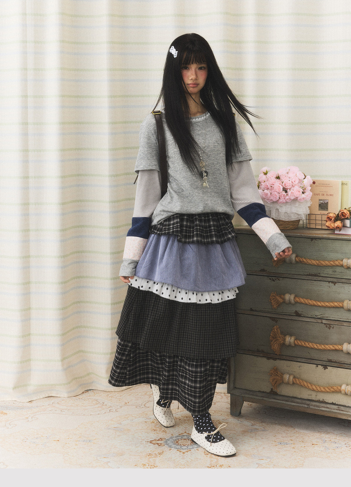Lace-Trim Patchwork Faux-Layered Long Sleeve Top