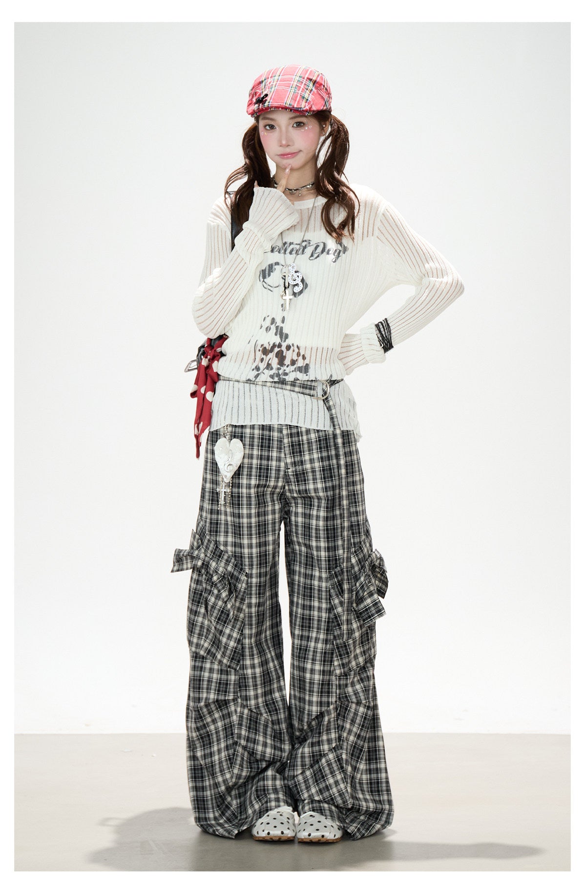 Dalmatian Sheer Knit Top & Black Plaid Ruffle Pants