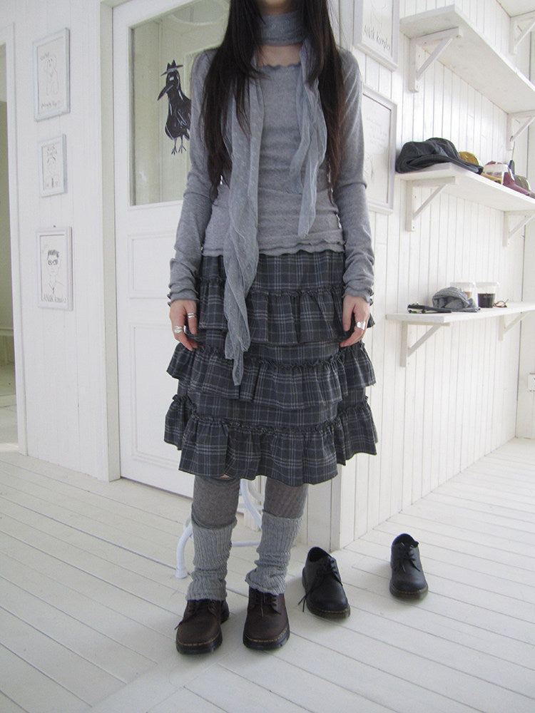 Vintage Gray Plaid Tiered Ruffle Skirt