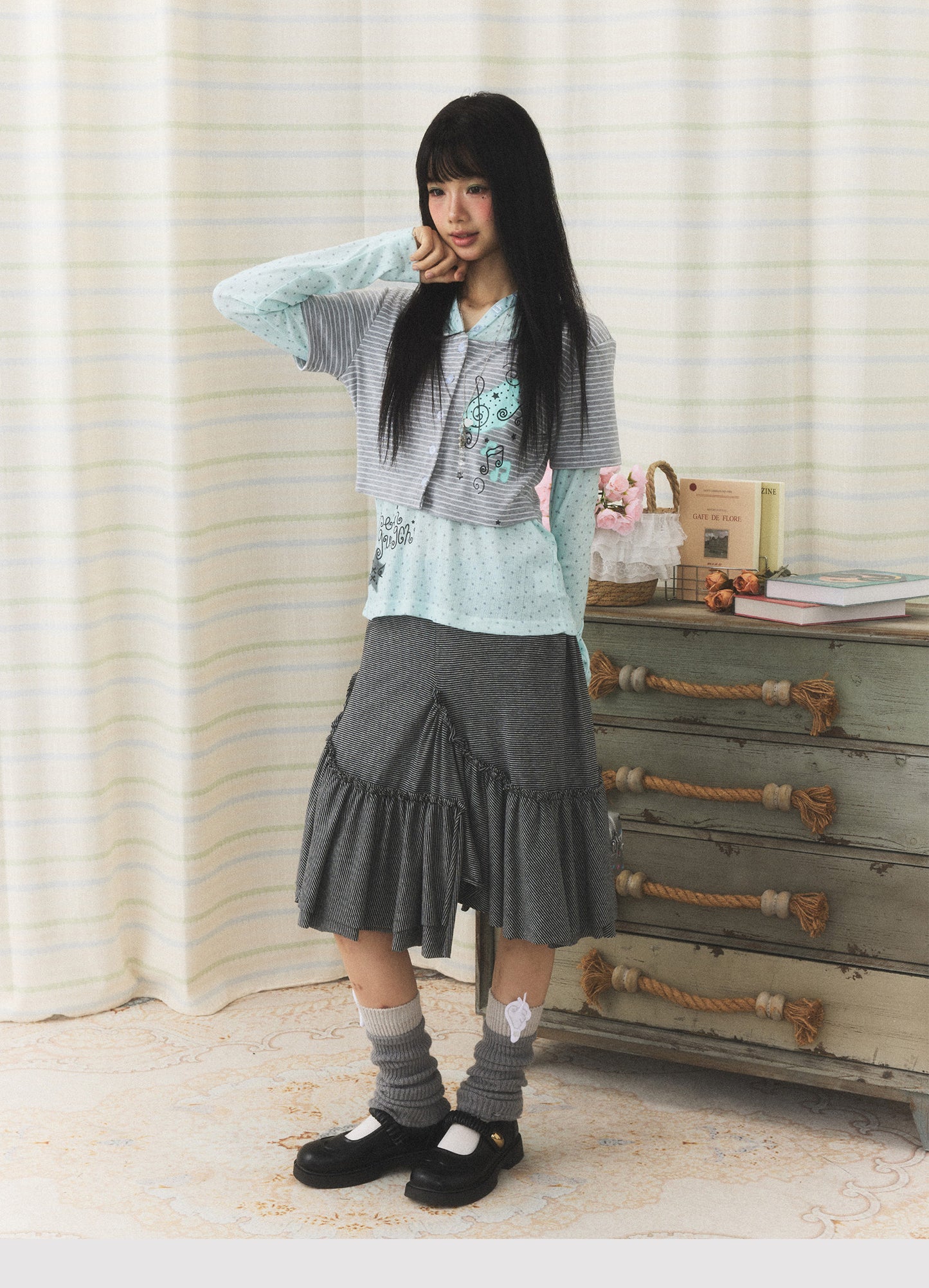 Mint Melody Faux-Layer Hooded Long-Sleeve Top