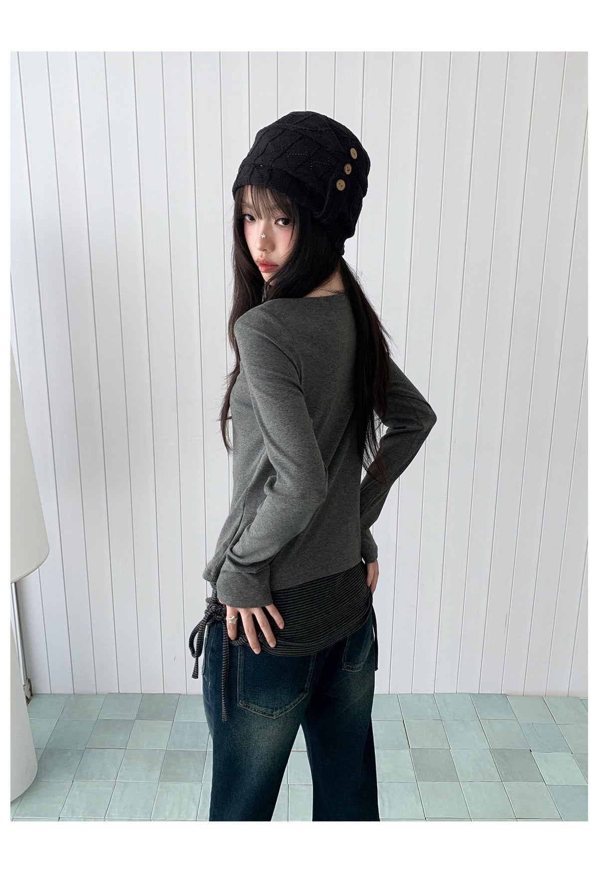 Striped Square-Neck Faux-Layer Drawstring Long Sleeve Top