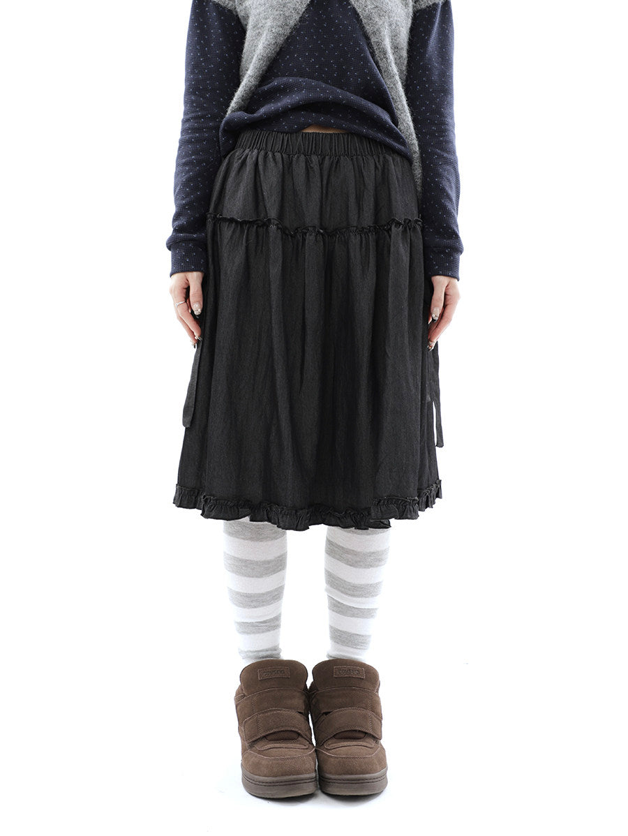 Washed Black Ruffle-Tiered Denim Midi Skirt