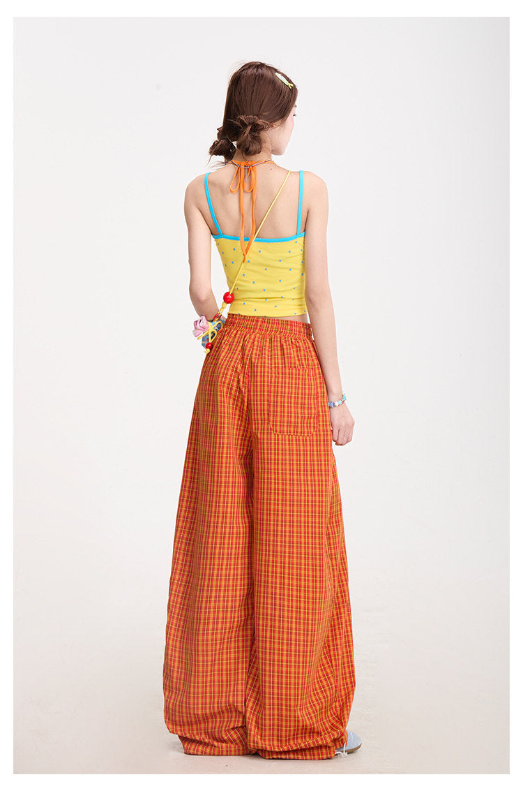 Starry Rhinestone Halter Cami & Plaid Wide-Leg Pants