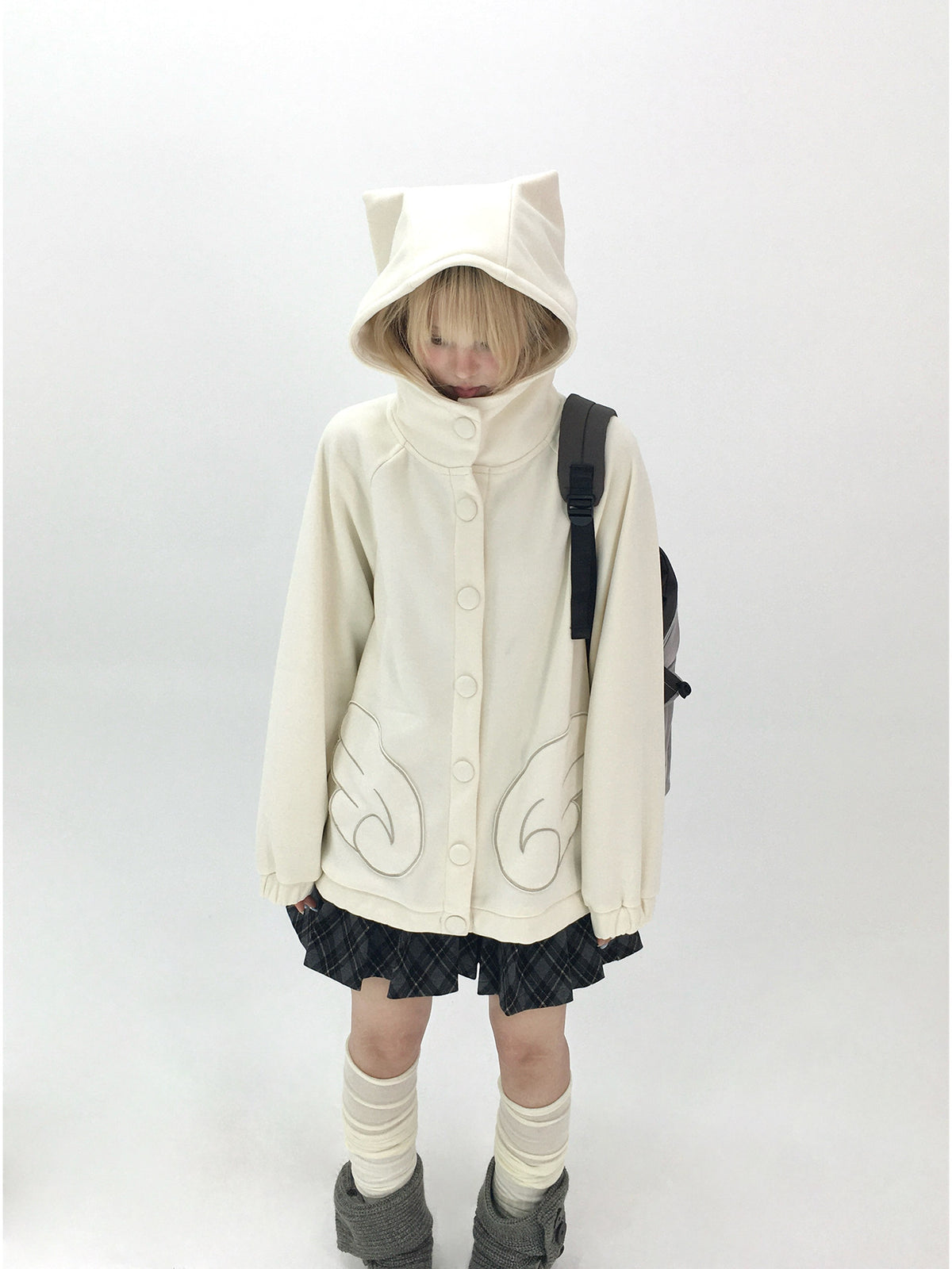 Dusty Blue & Ivory Fleece-Lined Cat Ear Wing Pocket Hooded Jacket