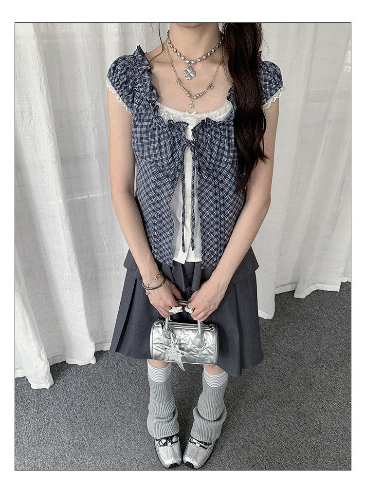 Gray Plaid Tie-Front Layered Puff-Sleeve Top