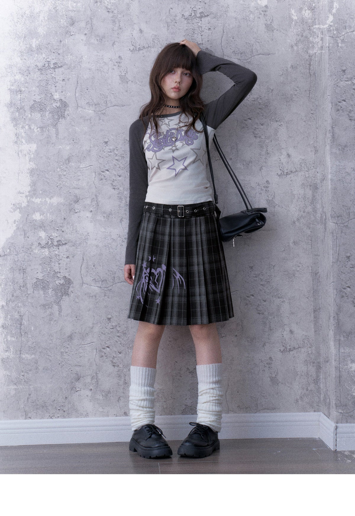 Double-Waist Graphic Plaid Pleated Midi Skirt