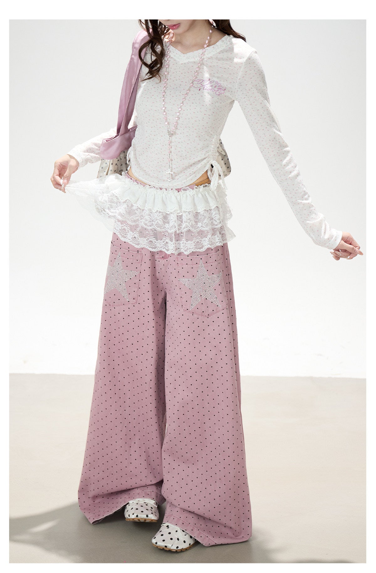 Star Rhinestone Polka Dot Wide-Leg Jeans